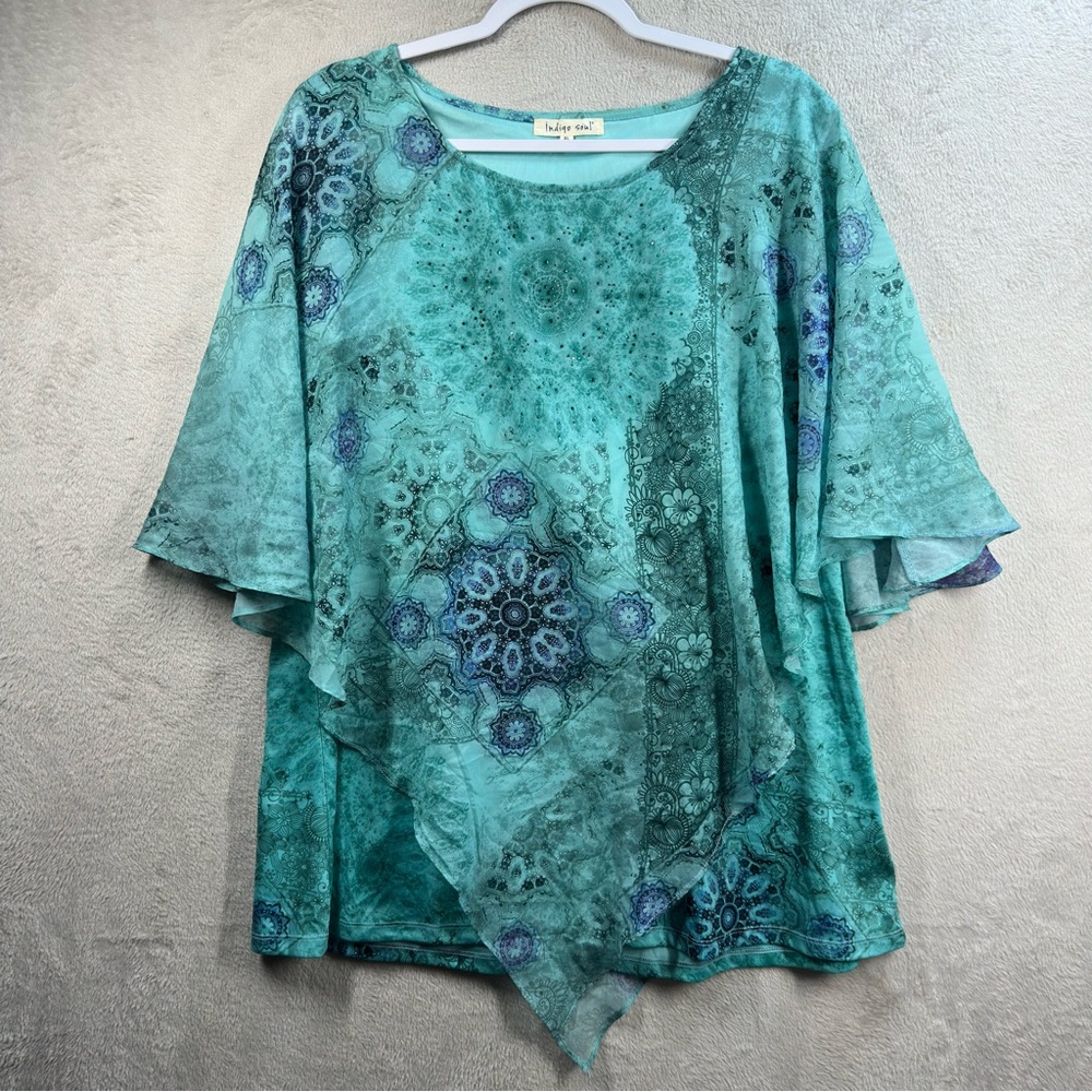 Indigo Soul Layered Teal Blue Blouse Sz‎ XL Flowy Whimsical Fairy Mandala Print